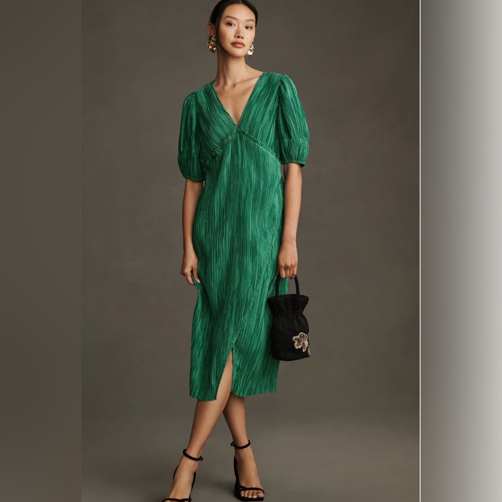 Anthropologie Green Pleated Midi Dress